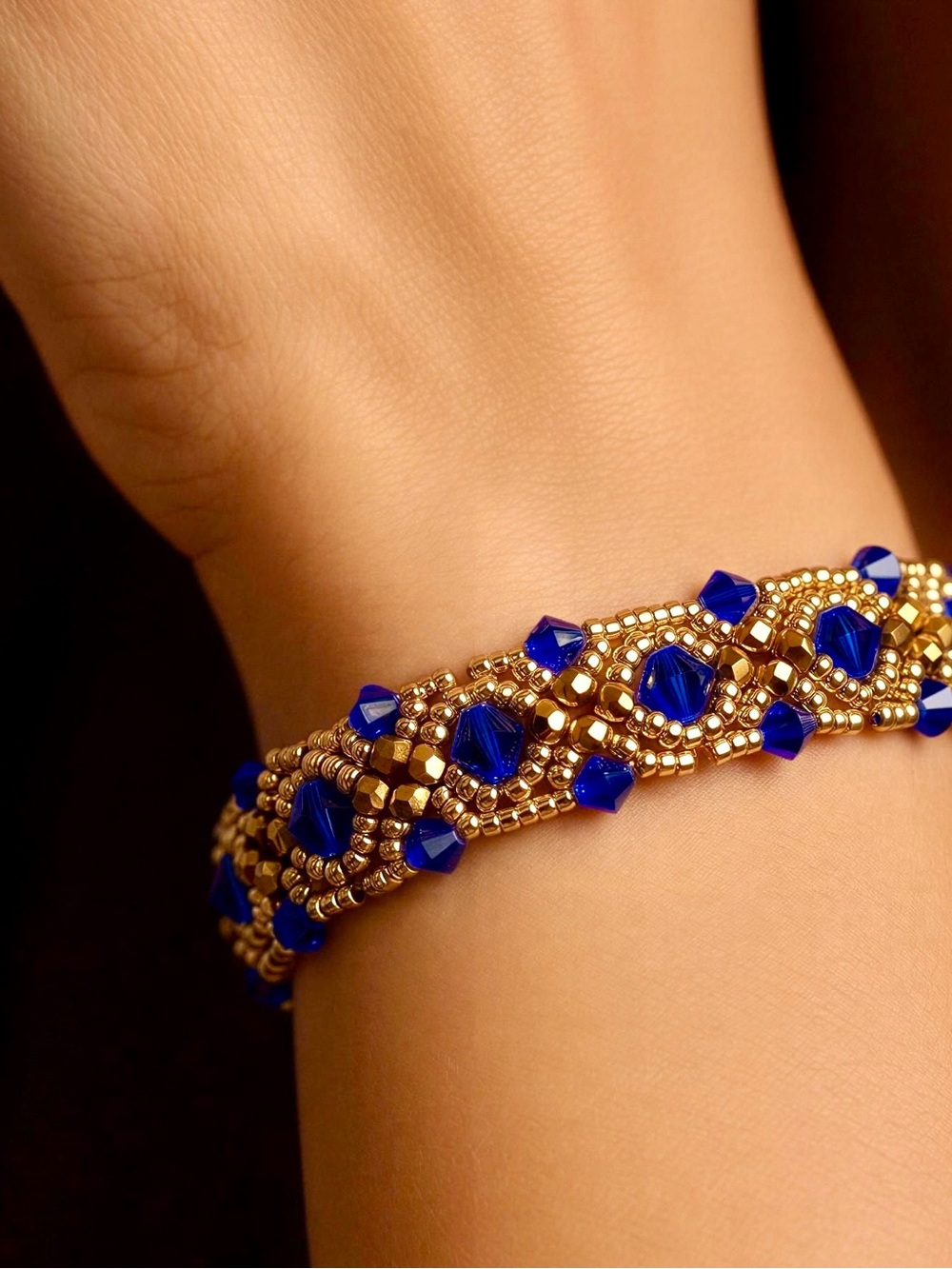 Handmade Gold and Cobalt Blue Crystal Beaded Bracelet - Women Jewelry - Picture 2 of 5